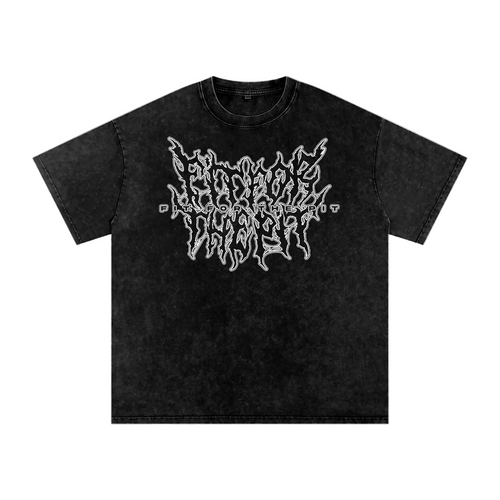 Black t-shirt with white graphic design on a white background